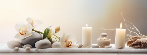 Arrière-plan de spa léger avec des serviettes, des bougies et des pierres