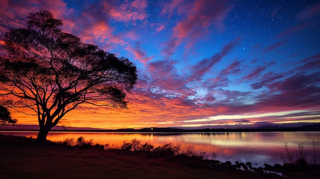 Arrière-plan spatial Poussière cosmique hypnotisante prise au crépuscule au-dessus de la silhouette d'un arbre et d'un lac