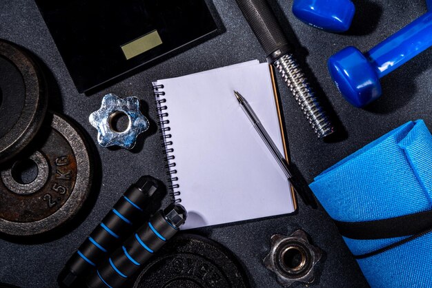 Photo arrière-plan sportif et de fitness avec haltères bloc-notes pour l'entraînement ou le plan de perte de poids cuisine corde de saut de poids noir trier plat couché vue supérieure espace de copie