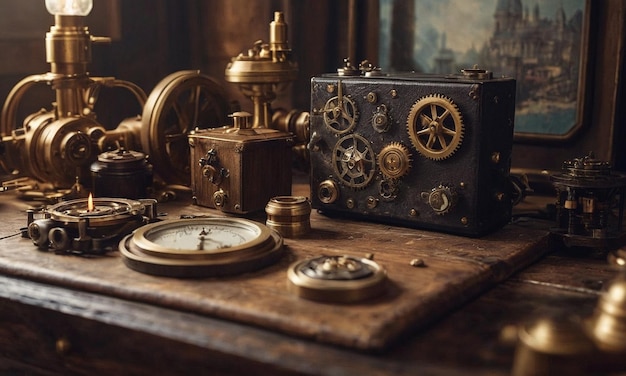 Arrière-plan steampunk Mécanismes engrenages ampoules et horloges Illustration de haute qualité