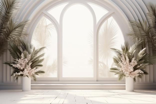 Arrière-plan de studio blanc abstrait pour la présentation du produit Chambre vide avec des ombres de fenêtres et de fleurs et de feuilles de palmier Chambre 3D avec espace de copie Ai génératif