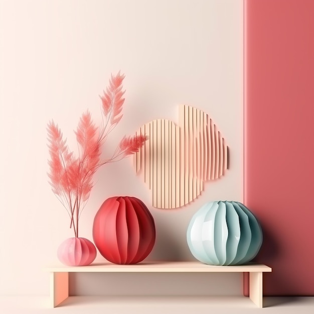 Arrière-plan de studio rose doux avec des vases et des lumières
