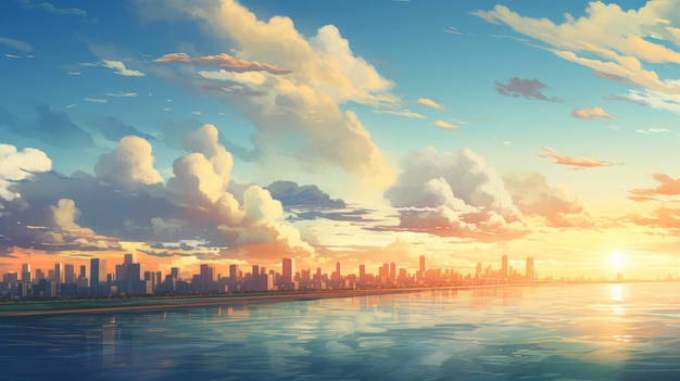 Photo arrière-plan de style anime à couper le souffle avec un magnifique lever de soleil nuages moelleux lac calme et soleil brillant