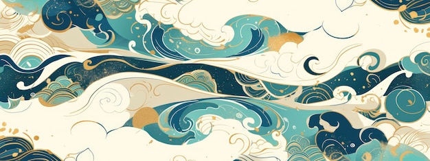 Arrière-plan de style chinois avec des vagues dessinées à la main et des nuages de bon augure