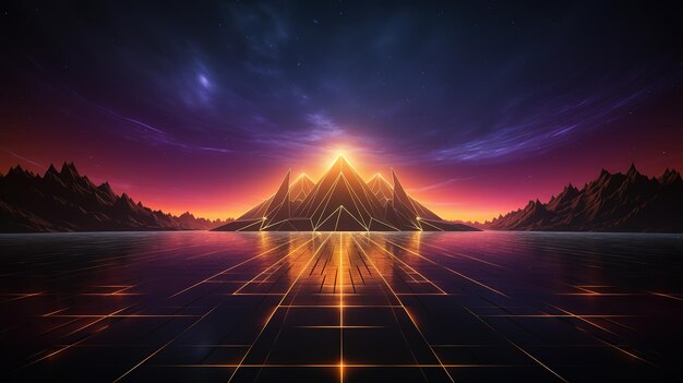 Arrière-plan de style cyberpunk rétro arrière-plan SciFi paysages de grille lumineuse au néon Generative Ai