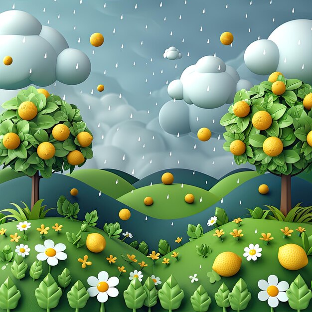 Arrière-plan de style dessin animé 3D thème de la pluie dessin animés nature verte