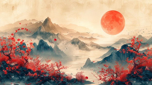 Photo arrière-plan de style orienté modèle chinois et japonais moderne art de ligne oriental avec texture dorée conception de papier peint avec le mont fuji soleil fleurs de cerisier fleurs océan et vagues