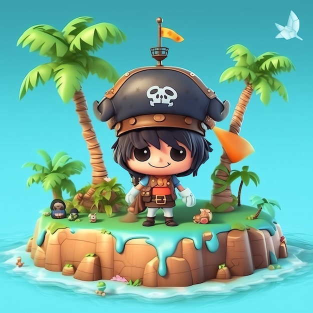 arrière-plan style pirate pour enfants 3d avec illustration mignonne et adorable de conception de petite île