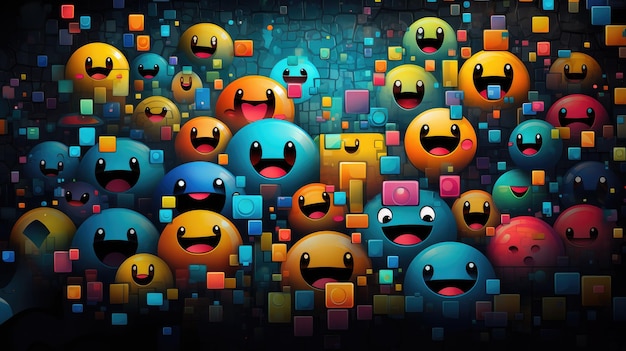 Un arrière-plan de style rétro avec une mosaïque de formes d'emoji pixélisées
