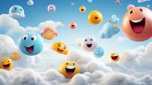Un arrière-plan surréaliste avec des formes emoji comme objets flottants dans un ciel nuageux