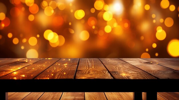 Arrière-plan de table en bois avec des lumières Bokeh