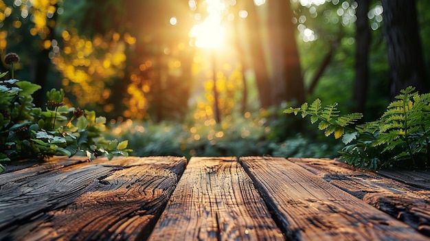 Photo arrière-plan de table vide avec un thème de nature défoulé en arrière-plan