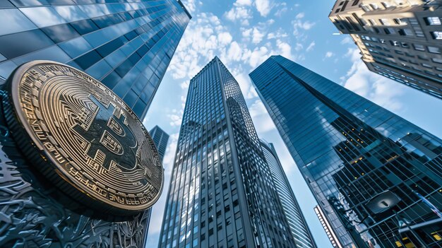 Photo arrière-plan de la technologie de la crypto-monnaie avec des gratte-ciel d'entreprise et des immeubles de bureaux