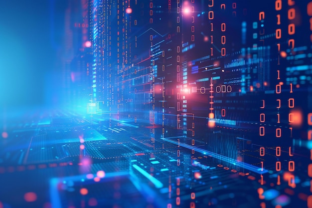 Arrière-plan technologique bleu avec des éléments numériques abstraits futuristes et une illustration de code binaire