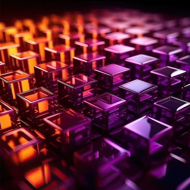 Arrière-plan technologique futuriste avec des cubes brillants parfaitement alignés en violet et orange