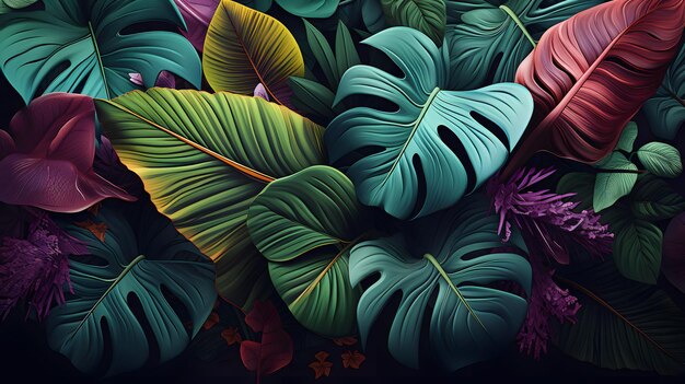 Photo arrière-plan de texture avec différentes feuilles tropicales colorées dans le style de rendu 3d