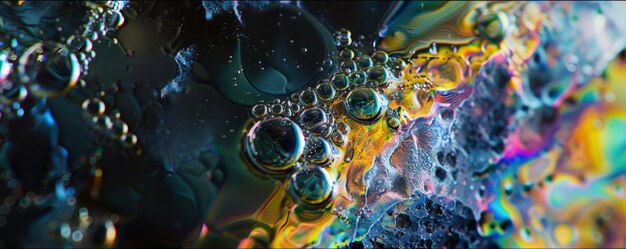 Arrière-plan de texture liquide de couleur ondes abstraites d'huile ou d'eau sombre avec gradient arc-en-ciel Concept de surface de bulle multicolore motif iridescent et papier peint