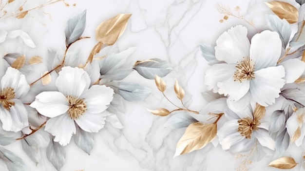 Arrière-plan avec une texture de marbre blanc ou de granit et un mélange de fleurs blanches luxueuses et de feuilles dorées AI générative