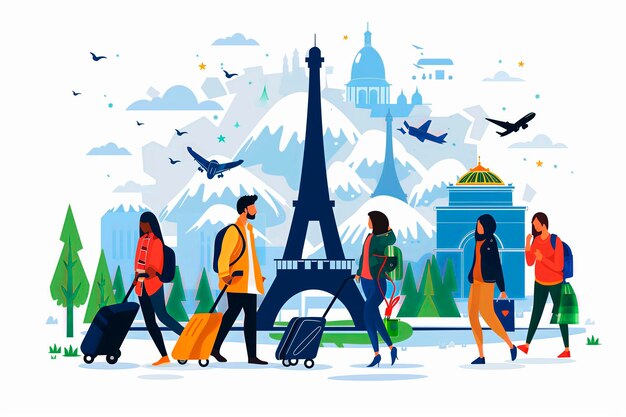 Arrière-plan de touristes en vacances à Paris avec la tour Eiffel