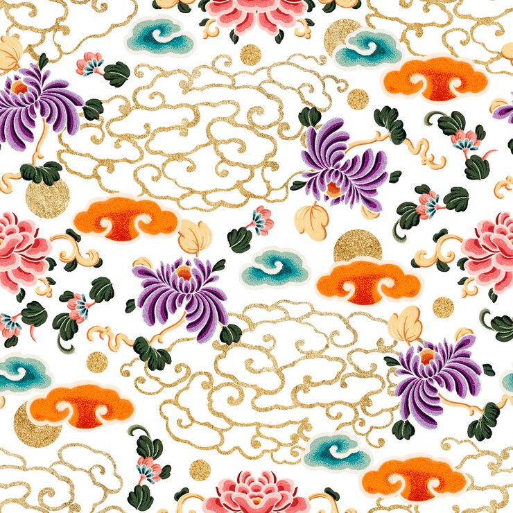 Photo arrière-plan transparent sans couture avec un motif d'art chinois coloré png