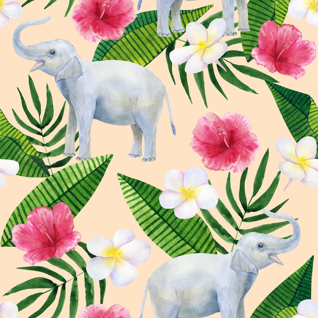 Arrière-plan transparent tropical Motif avec de belles feuilles exotiques aquarelles éléphant hibiscus plumeria Illustration botanique dessinée à la main Texture pour l'emballage de cosmétiques textiles imprimés