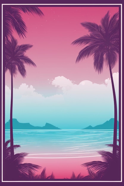 Arrière-plan tropical avec des palmiers et un ciel rose et violet