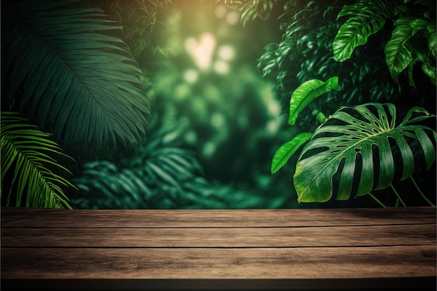 Arrière-plan tropical avec une table en bois au premier plan et une végétation luxuriante avec beaucoup d'espace de copie parfait pour l'édition avec votre produit Vide prêt pour l'affichage de votre produit AI générative