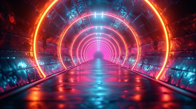 Arrière-plan de tunnel lumineux au néon abstrait avec des anneaux circulaires lumineux et une réflexion au sol Arrière-fond futuriste numérique pour l'effet d'hologramme de conception AI générative