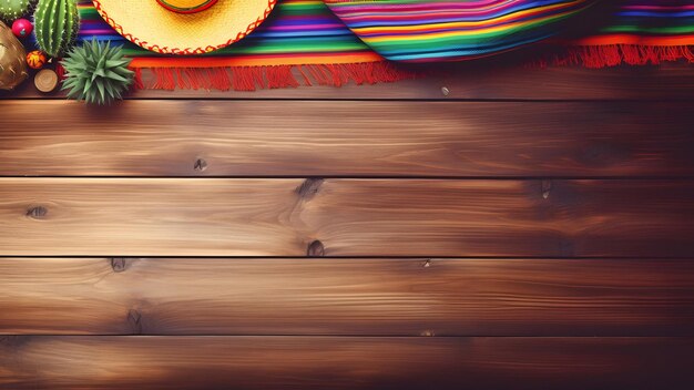 Arrière-plan de vacances du Cinco de Mayo avec un chapeau sombrero de cactus mexicain sur surface en bois vue à haut angle Réseau neuronal généré en mai 2023 Ne pas basé sur une scène ou un motif de personne réelle