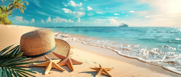 Arrière-plan de vacances d'été avec beaucoup d'espace plage tropicale avec des accessoires de bain de soleil comme des étoiles de mer génératives AI