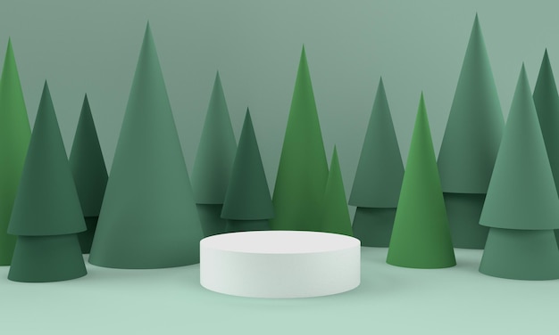 Arrière-plan vert 3D avec des podiums de produits et des arbres en forme de cône