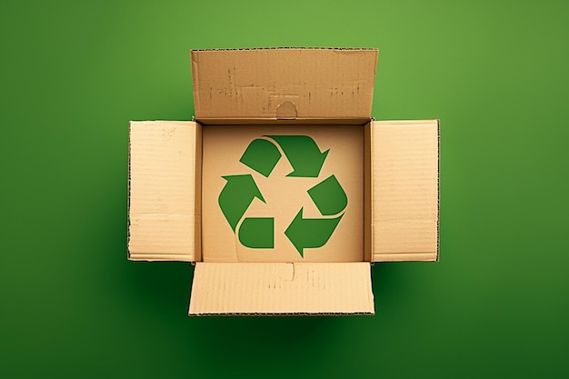 Arrière-plan vert avec une boîte en carton avec le symbole du recyclage et le concept écologique