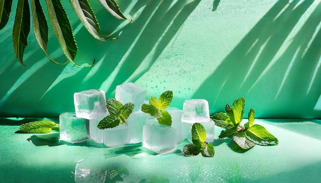 Arrière-plan vert menthe d'été avec des cubes de glace gelés et des feuilles de plantes d'intérieur
