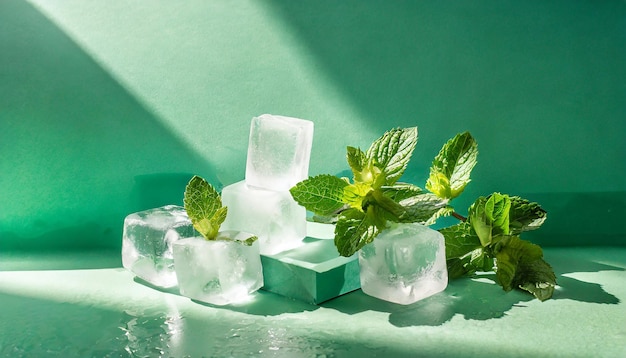 Arrière-plan vert menthe d'été avec des cubes de glace gelés et des feuilles de plantes d'intérieur