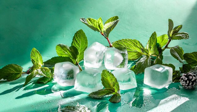 Arrière-plan vert menthe d'été avec des cubes de glace gelés et des feuilles de plantes d'intérieur