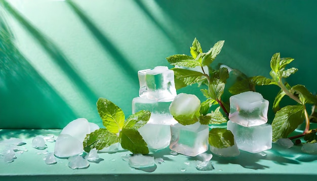 Arrière-plan vert menthe d'été avec des cubes de glace gelés et des feuilles de plantes d'intérieur