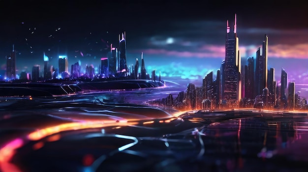 arrière-plan de la ville avancée avec le concept cyberpunk de couleur violette