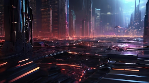 arrière-plan de la ville avancée avec le concept cyberpunk de couleur violette