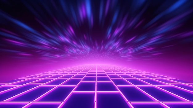 Arrière-plan violet rétroonde à onde de vapeur synthwave avec une grande lueur dans la grille laser moyenne