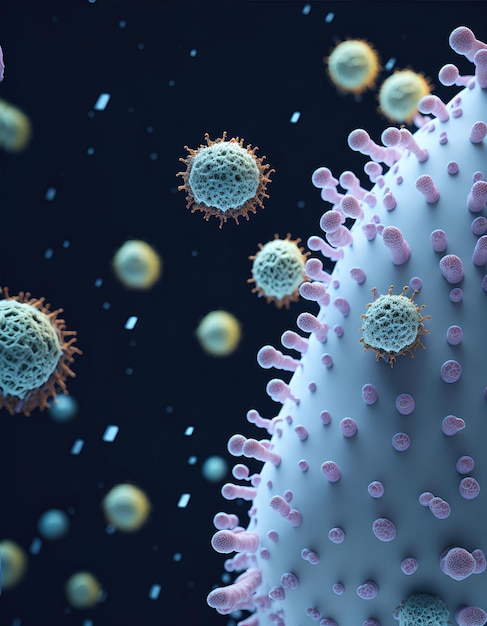 Arrière-plan avec virus vue microscopique de cellules virales flottantes rendu 3D d'une illustration d'organisme viral