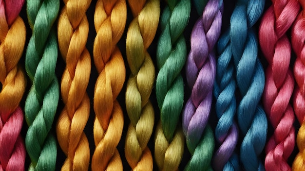 Photo arrière-plans multicolores abstraits brillants cordes et nœuds multicolores en gros plan