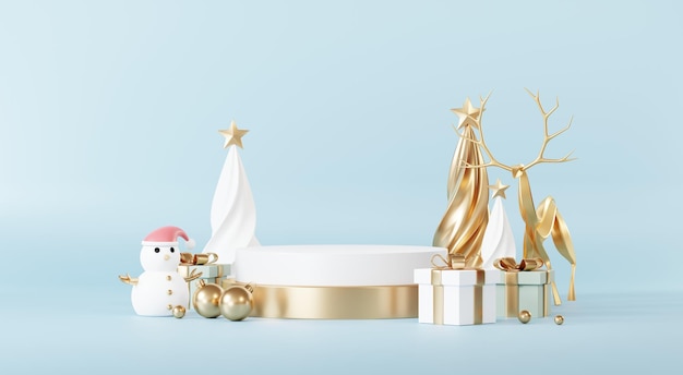 Arrière-plans de Noël avec plate-forme de scène de podium dans un thème d'événement minimal du Nouvel An Scène de joyeux Noël pour l'affichage du produit maquette bannière Décor de piédestal de stand vide dans le rendu 3D de la scène d'hiver de Noël