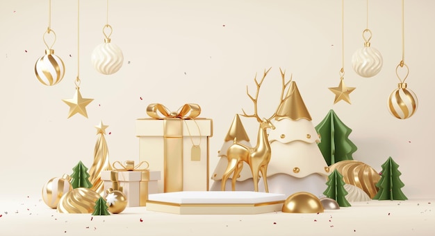 Arrière-plans de Noël avec plate-forme de scène de podium dans un thème d'événement minimal du Nouvel An Scène de joyeux Noël pour l'affichage du produit maquette bannière Décor de piédestal de stand vide dans le rendu 3D de la scène d'hiver de Noël