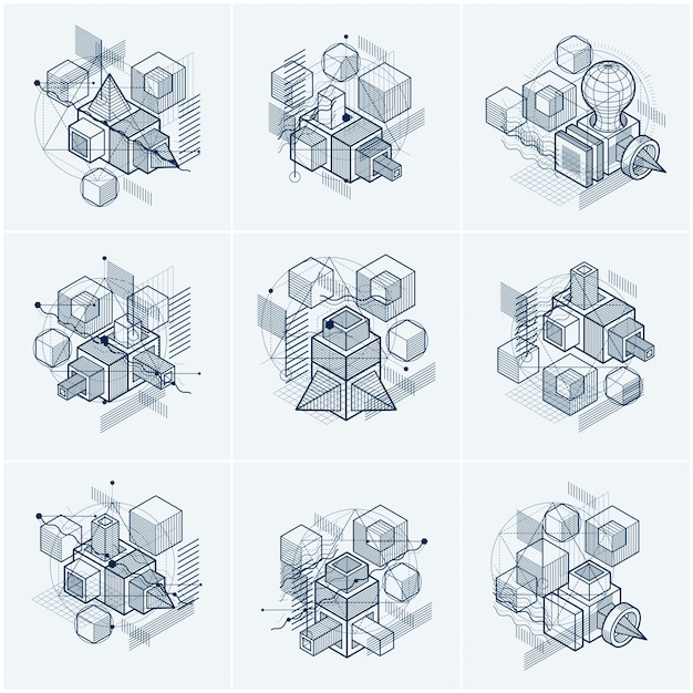 Arrière-plans vectoriels avec lignes et figures isométriques abstraites. Modèles réalisés avec des cubes, des hexagones, des carrés, des rectangles et différents éléments abstraits. Ensemble vectoriel.