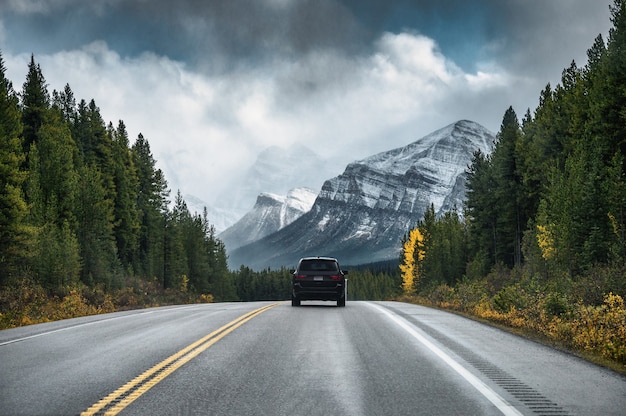 Arrière de voiture roulant sur autoroute dans la forêt avec montagne sombre au parc national Banff