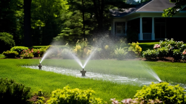 L'arrosage automatique de la pelouse verte La buse pulvérise de l'eau sur la pelouse Le soin automatique de l'herbe