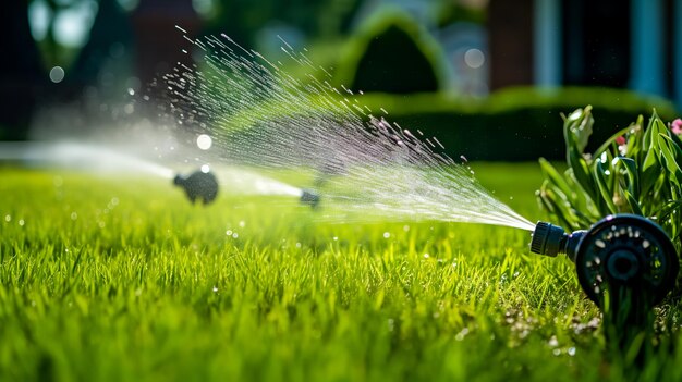 L'arrosage automatique de la pelouse verte La buse pulvérise de l'eau sur la pelouse Le soin automatique de l'herbe