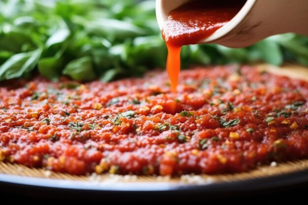 Photo arrosage de sauce tomate sur pâte à pizza végétalienne crue