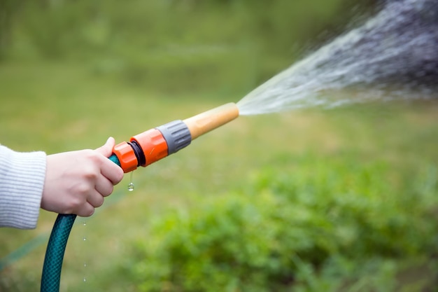 Arroser le jardin avec un tuyau en caoutchouc