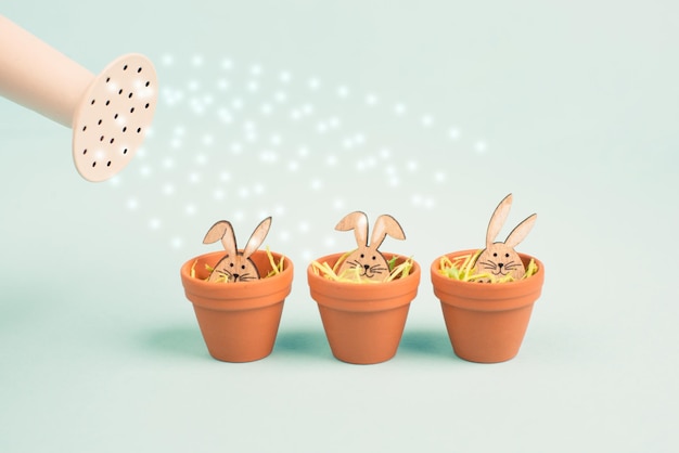 Arroser un joli lapin de pâques ou un bébé lapin dans un pot de fleurs, carte de voeux de vacances de printemps